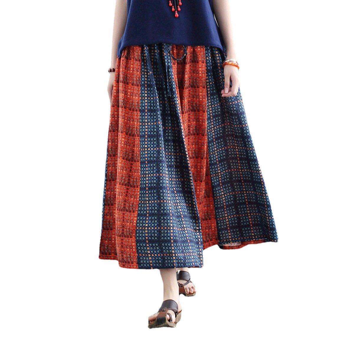 Women Boho Retro Patchwork A-line Cotton Skirt