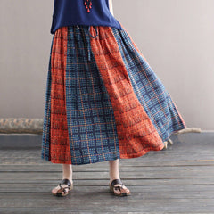 Women Boho Retro Patchwork A-line Cotton Skirt