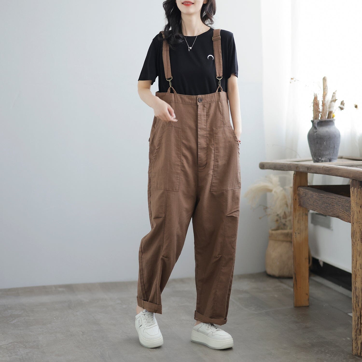 Women Casual Cotton Loose Solid Summer Jumpsuit