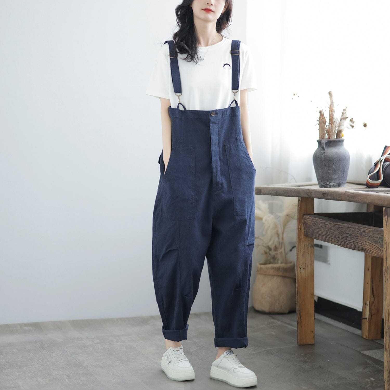 Women Casual Cotton Loose Solid Summer Jumpsuit