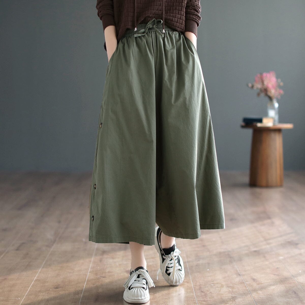 Women Casual Loose Cotton Solid Wide-leg Pants