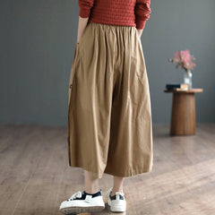 Women Casual Loose Cotton Solid Wide-leg Pants