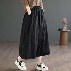 Women Casual Loose Cotton Solid Wide-leg Pants