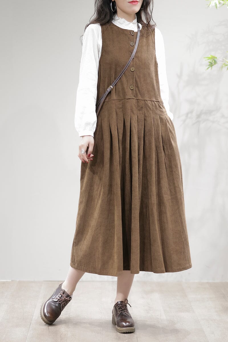 Women Casual Retro Corduroy Loose Sleeveless Dress