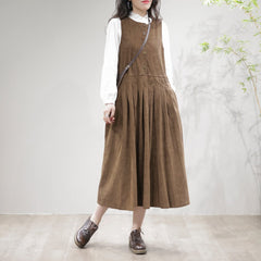 Women Casual Retro Corduroy Loose Sleeveless Dress