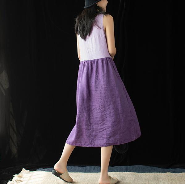 Women Cotton Linen Crew Neck Casual Paneled Midi Sleeveless Dress