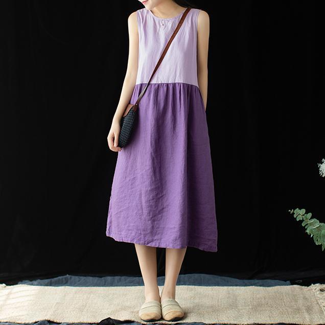 Women Cotton Linen Crew Neck Casual Paneled Midi Sleeveless Dress