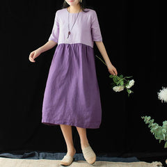 Women Cotton Linen Crew Neck Casual Paneled Midi Sleeveless Dress