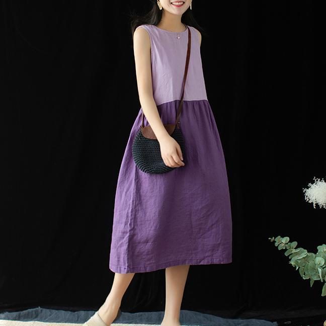 Women Cotton Linen Crew Neck Casual Paneled Midi Sleeveless Dress