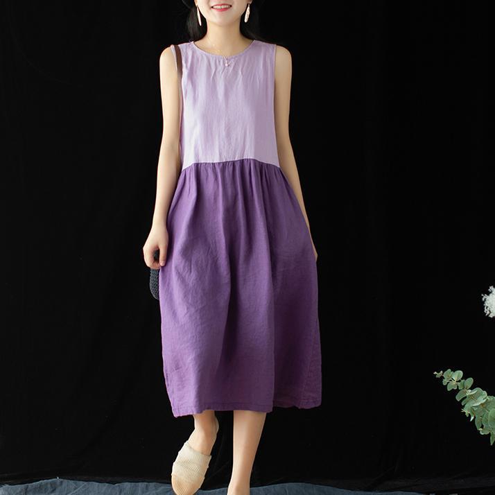 Women Cotton Linen Crew Neck Casual Paneled Midi Sleeveless Dress