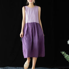 Women Cotton Linen Crew Neck Casual Paneled Midi Sleeveless Dress