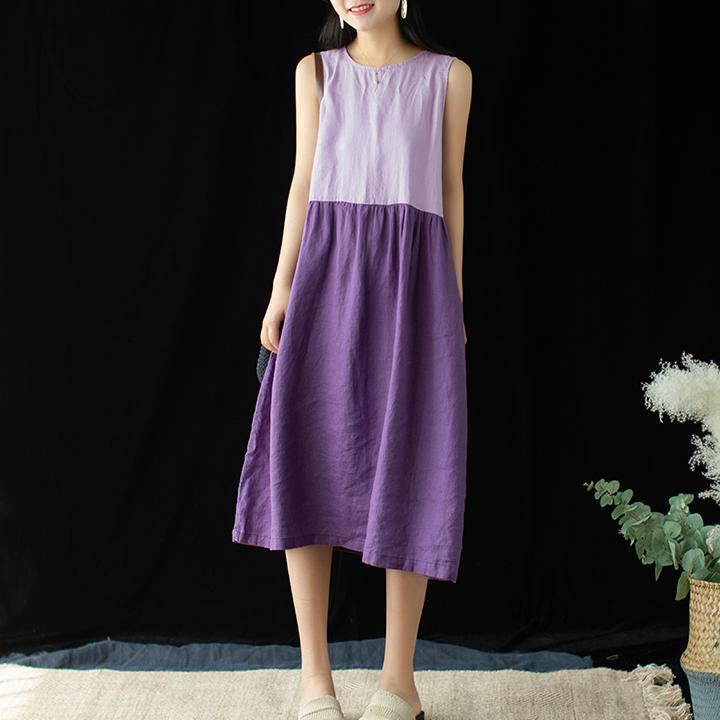 Women Cotton Linen Crew Neck Casual Paneled Midi Sleeveless Dress