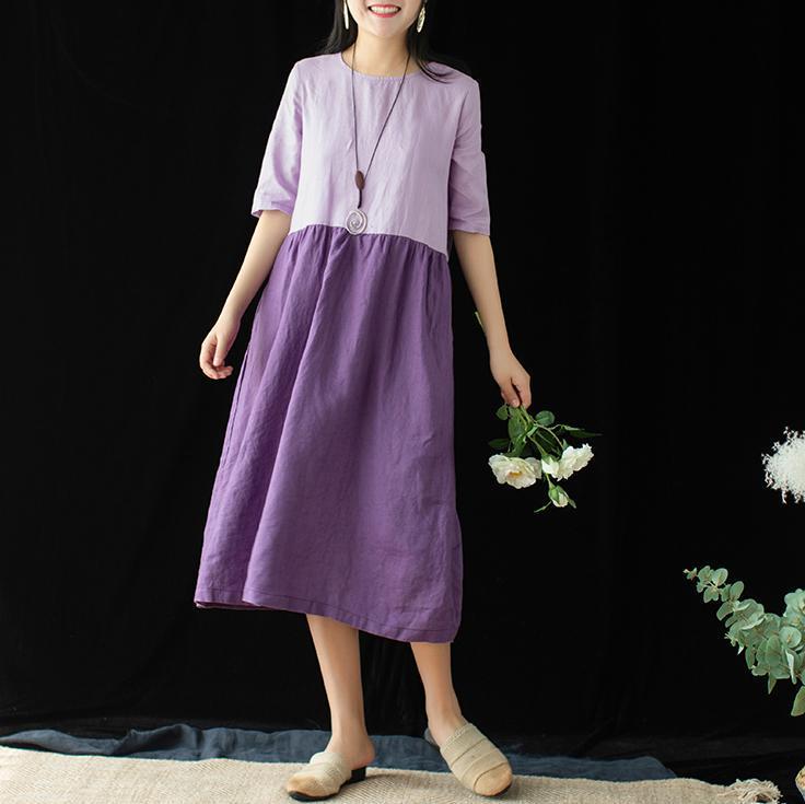 Women Cotton Linen Crew Neck Casual Paneled Midi Sleeveless Dress