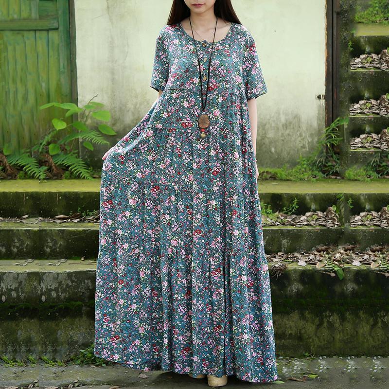 Women Crew Neck Floral Button Front Maxi Short Sleeve Dress