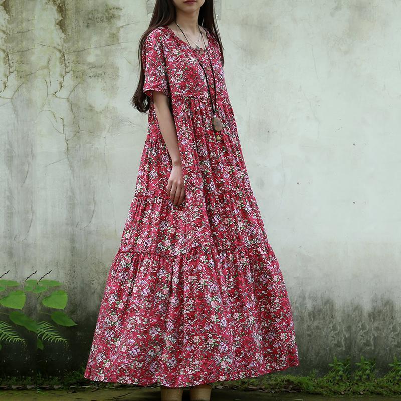 Women Crew Neck Floral Button Front Maxi Short Sleeve Dress