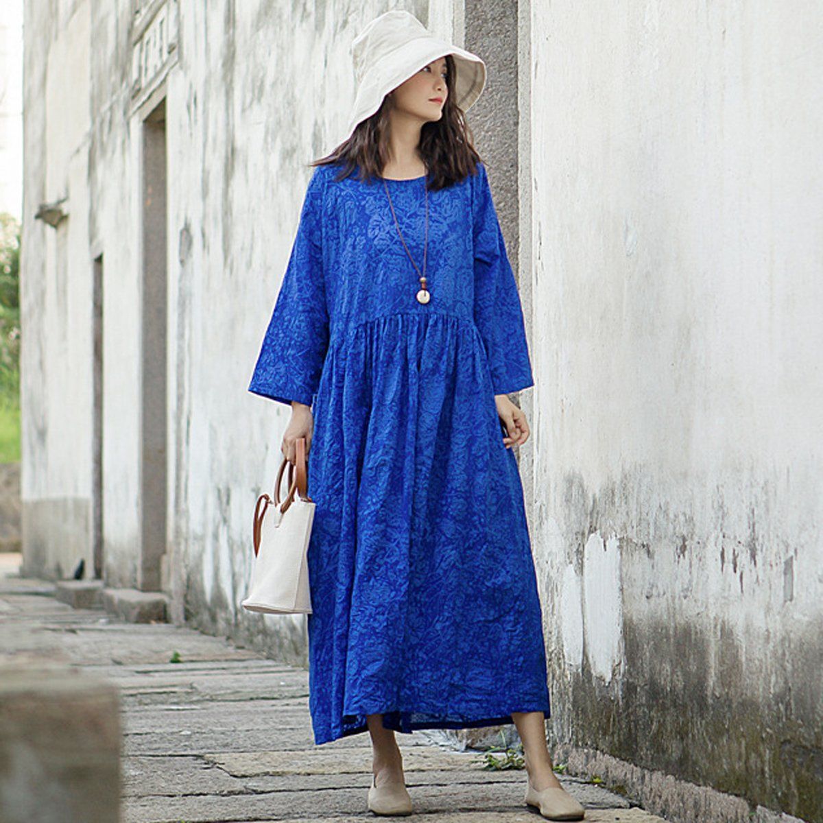 Women Floral Printed Gathered Maxi Loose Long Sleeve Dress