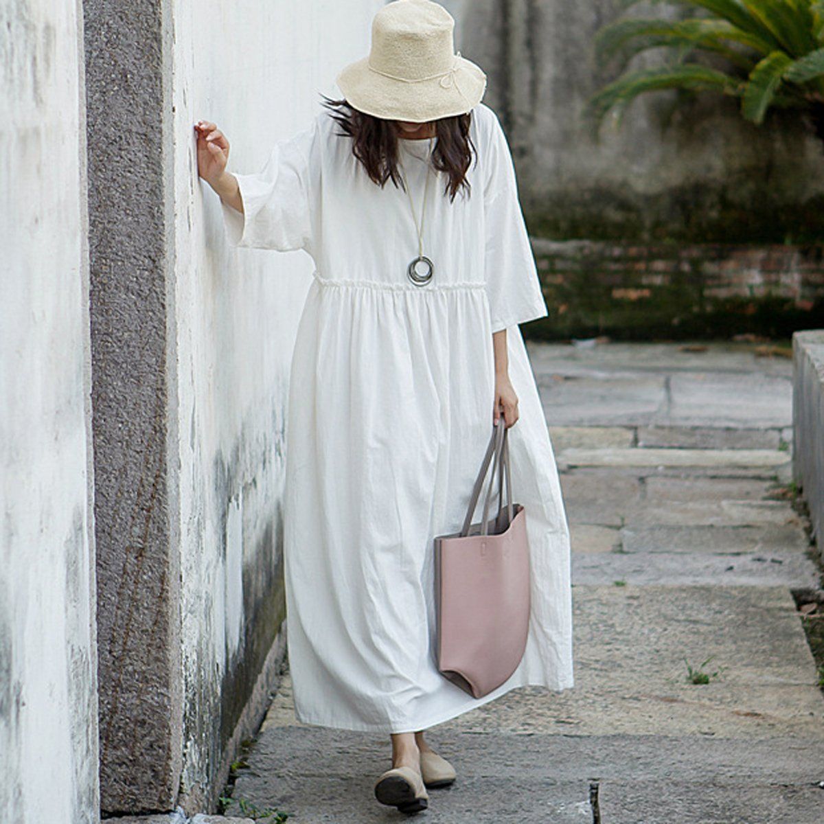 Women Frilled Waist Gathered Solid Maxi Loose Long Sleeve Dress