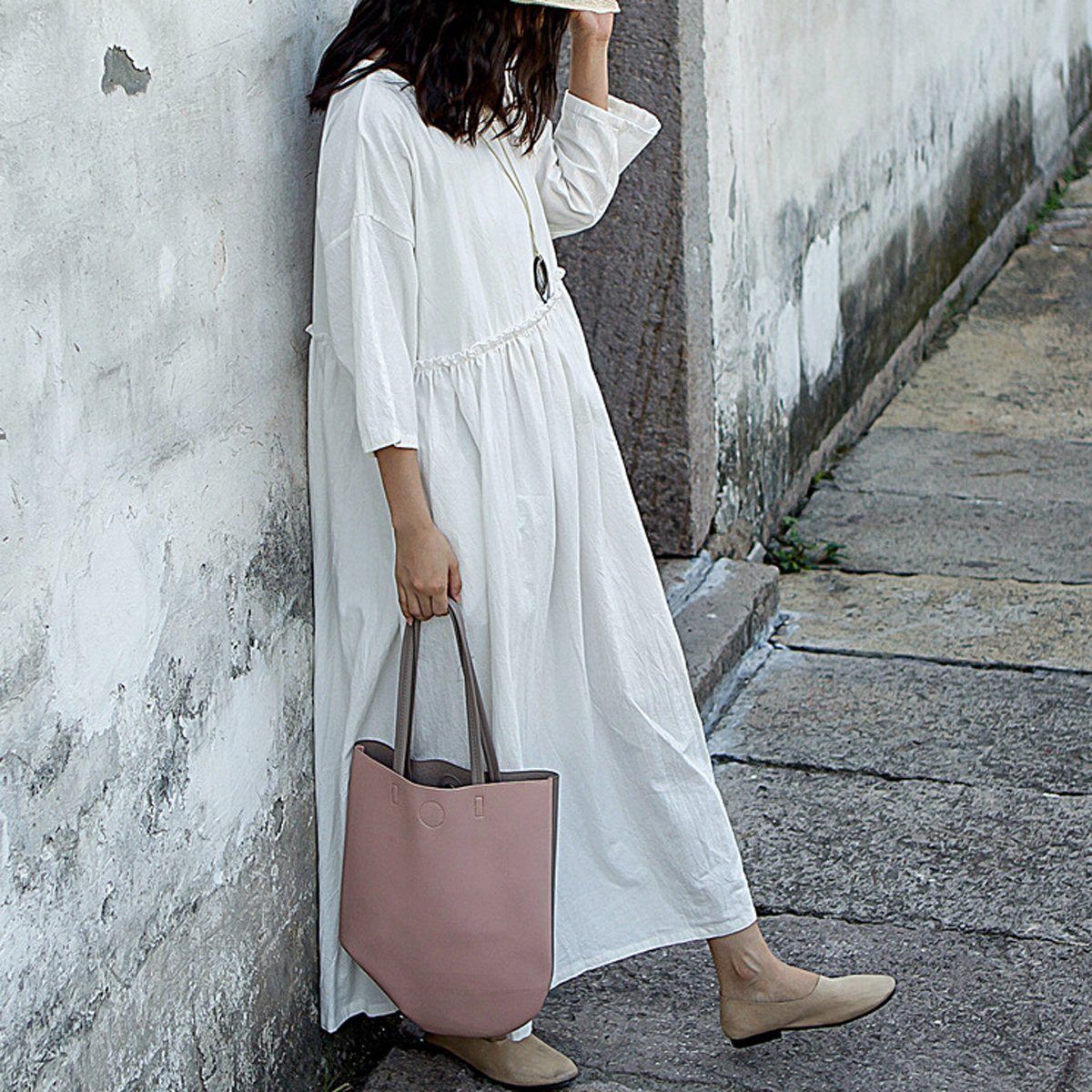 Women Frilled Waist Gathered Solid Maxi Loose Long Sleeve Dress