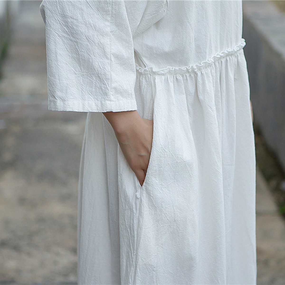 Women Frilled Waist Gathered Solid Maxi Loose Long Sleeve Dress