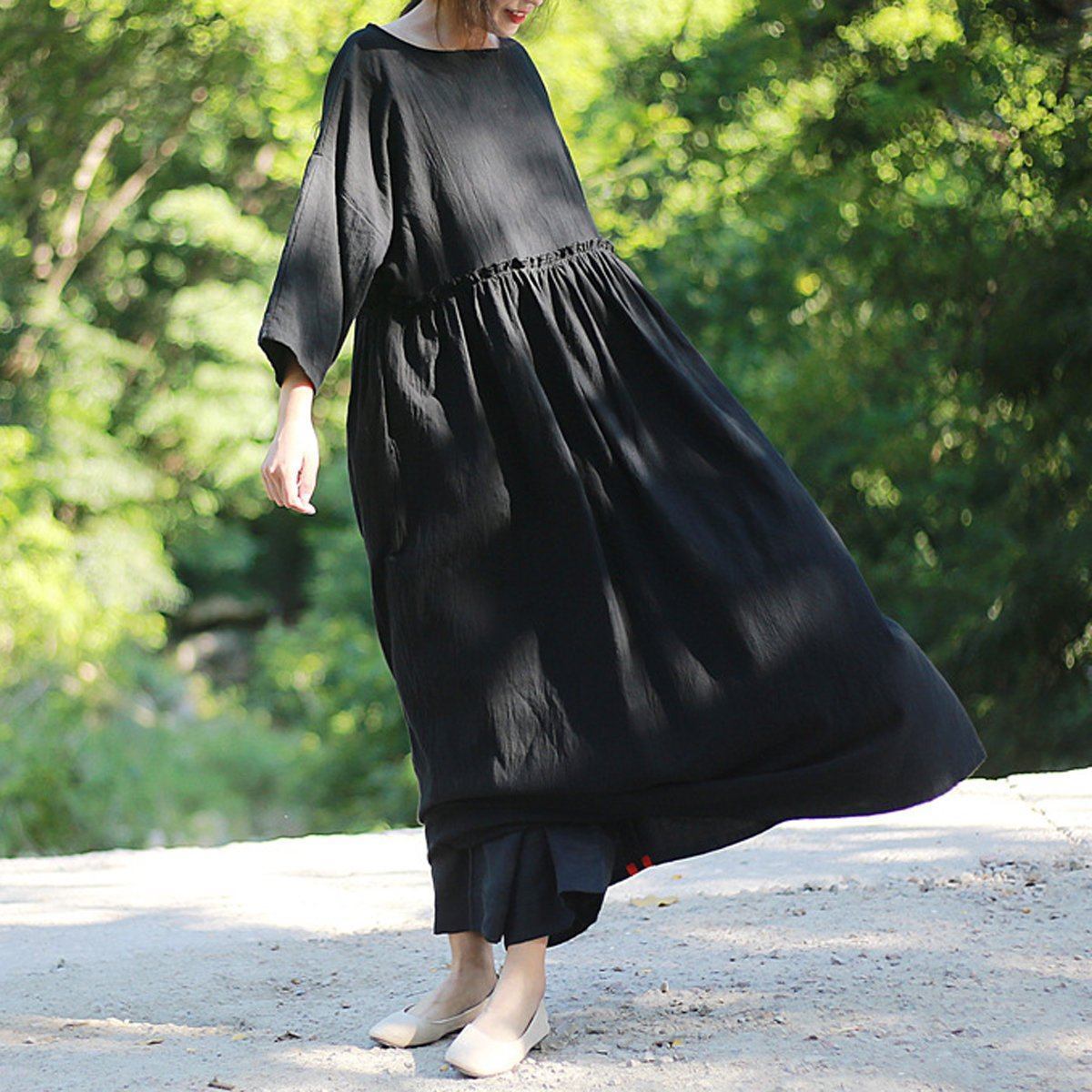 Women Frilled Waist Gathered Solid Maxi Loose Long Sleeve Dress