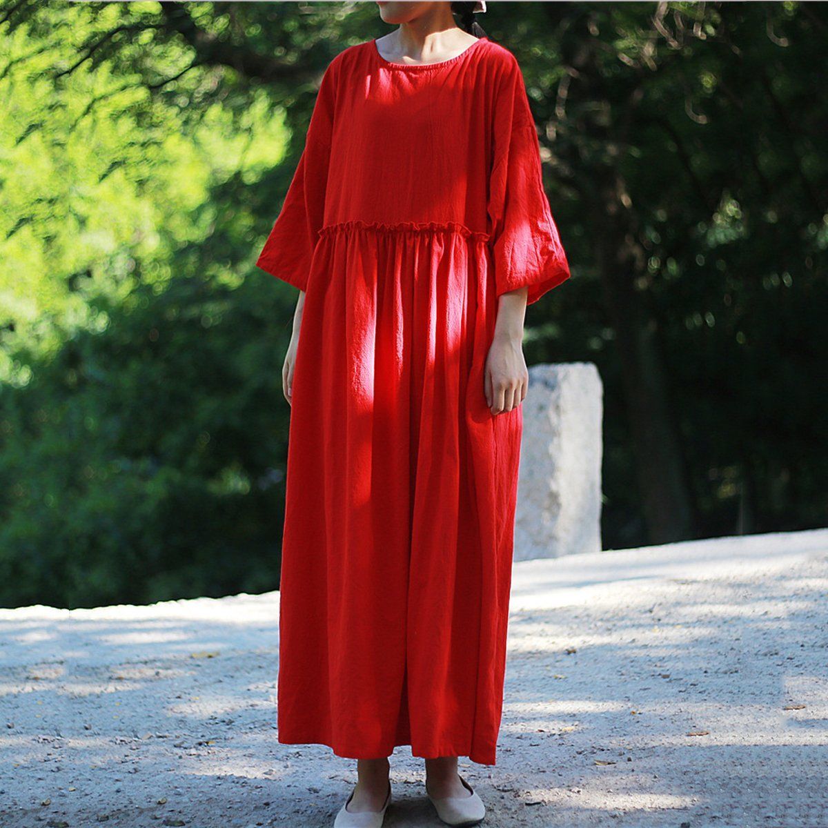 Women Frilled Waist Gathered Solid Maxi Loose Long Sleeve Dress