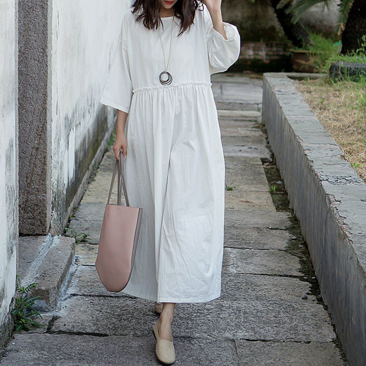 Women Frilled Waist Gathered Solid Maxi Loose Long Sleeve Dress