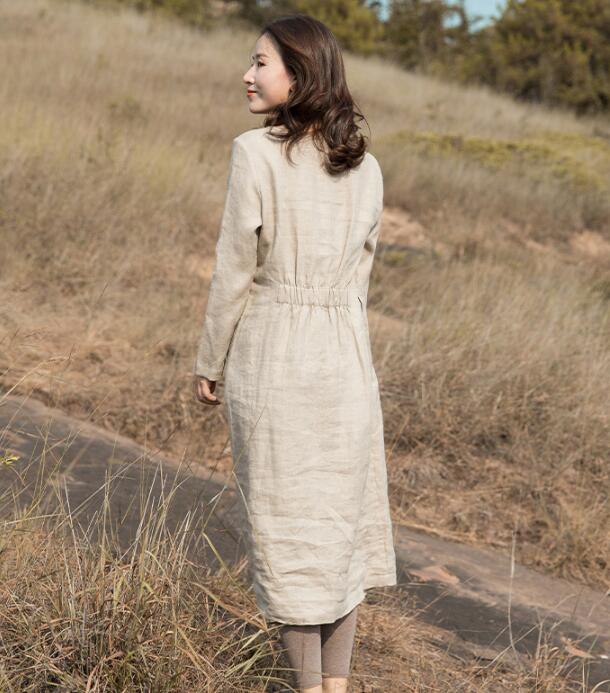 Khaki Linen Long Sleeve Autumn Women Shift Linen Dresses S90921