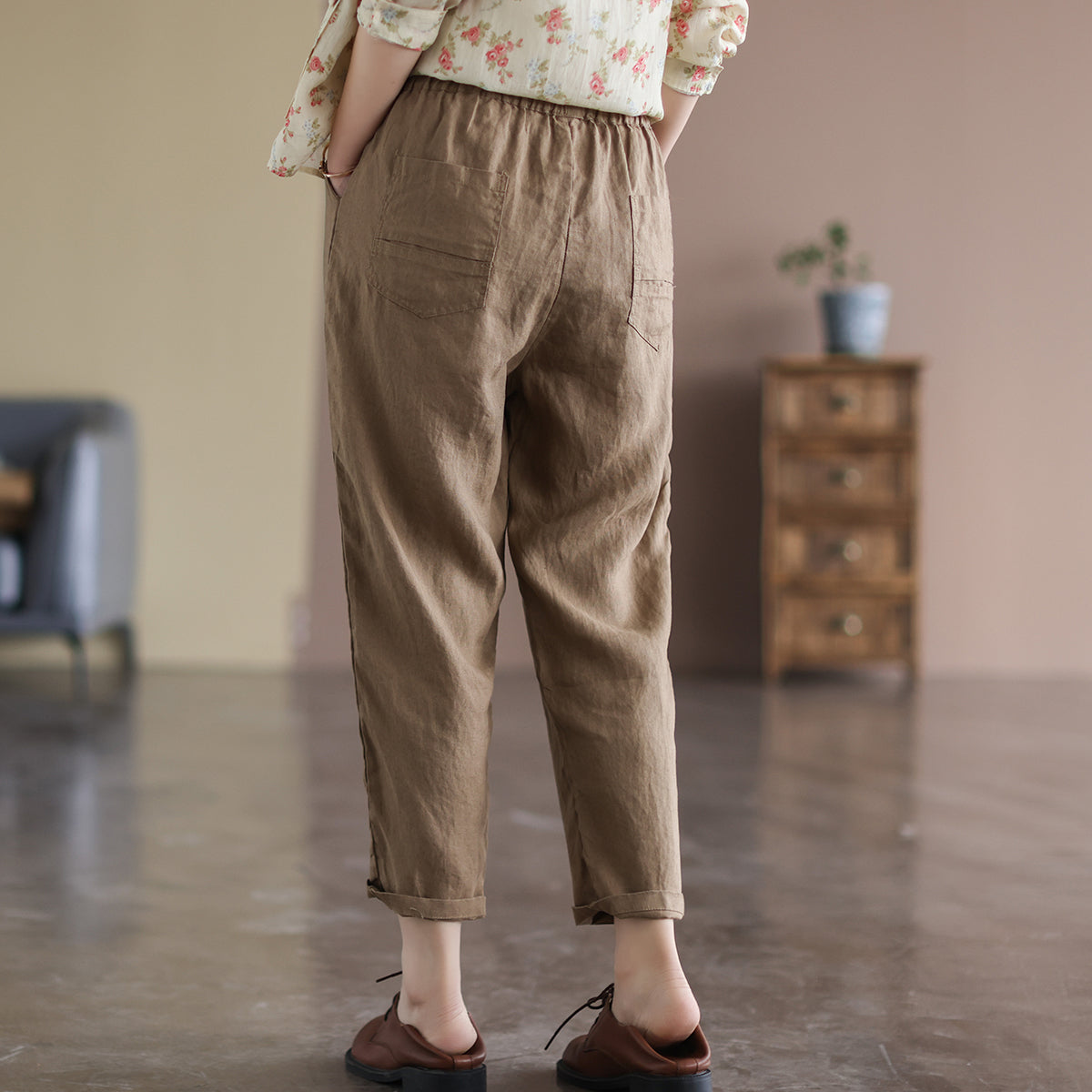 Women Linen Retro Loose Casual Ninth Harem Pants