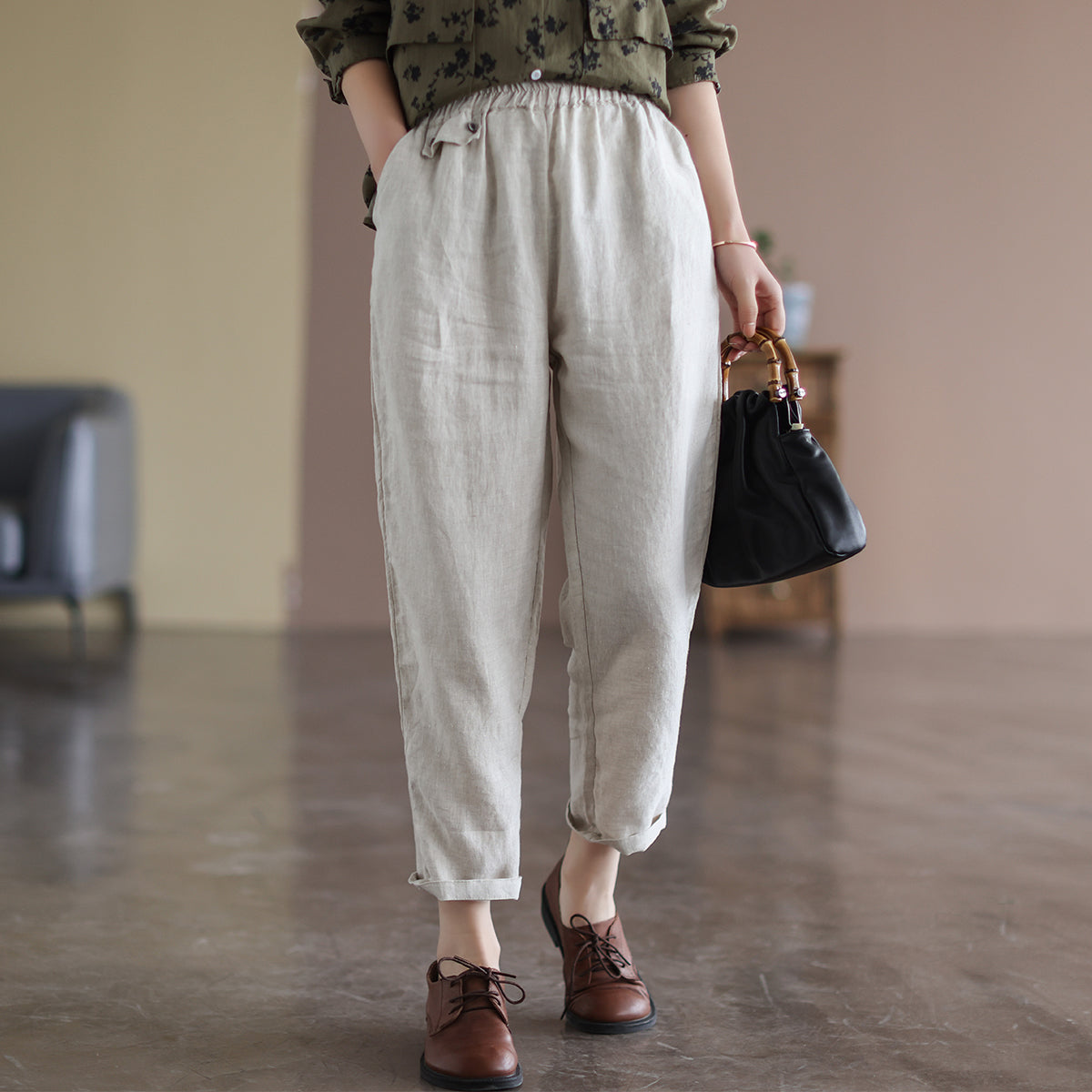 Women Linen Retro Loose Casual Ninth Harem Pants