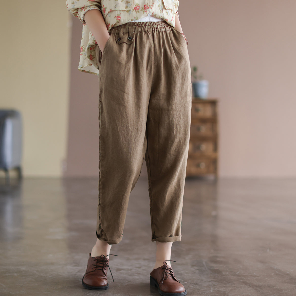 Women Linen Retro Loose Casual Ninth Harem Pants