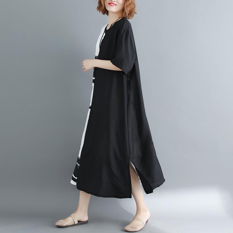 Women Paneled Casual Slit Loose Back Buttons Short Sleeve Dress