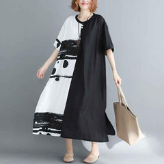 Women Paneled Casual Slit Loose Back Buttons Short Sleeve Dress