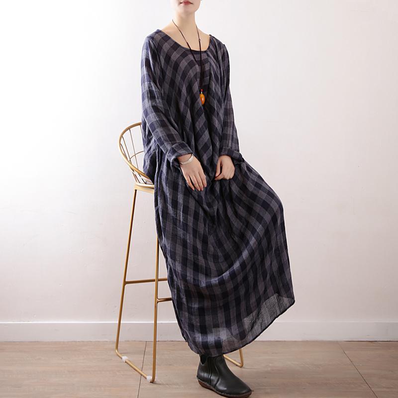 Women Plaid Casual Cotton Ruched Linen Long Sleeve Dress