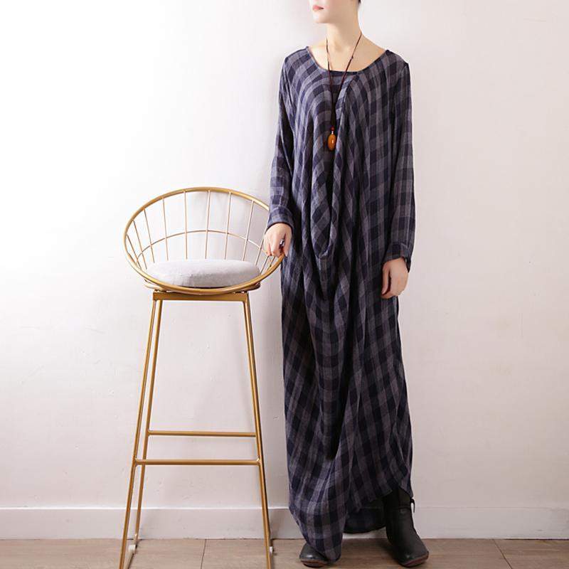 Women Plaid Casual Cotton Ruched Linen Long Sleeve Dress