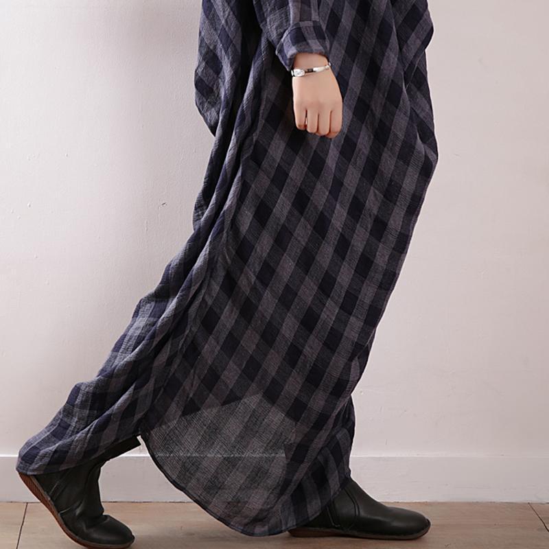 Women Plaid Casual Cotton Ruched Linen Long Sleeve Dress