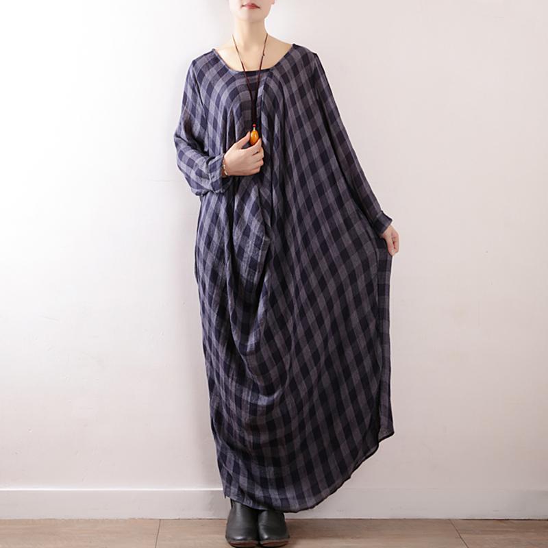 Women Plaid Casual Cotton Ruched Linen Long Sleeve Dress