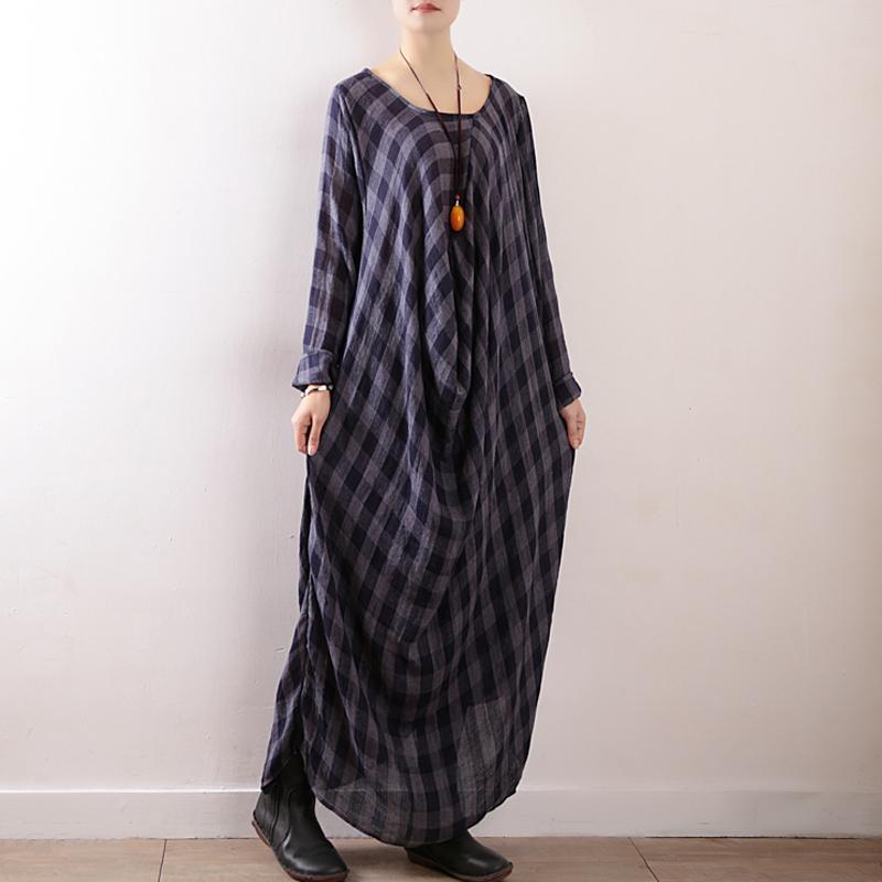 Women Plaid Casual Cotton Ruched Linen Long Sleeve Dress