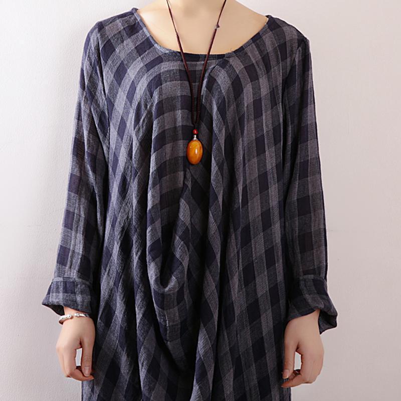 Women Plaid Casual Cotton Ruched Linen Long Sleeve Dress