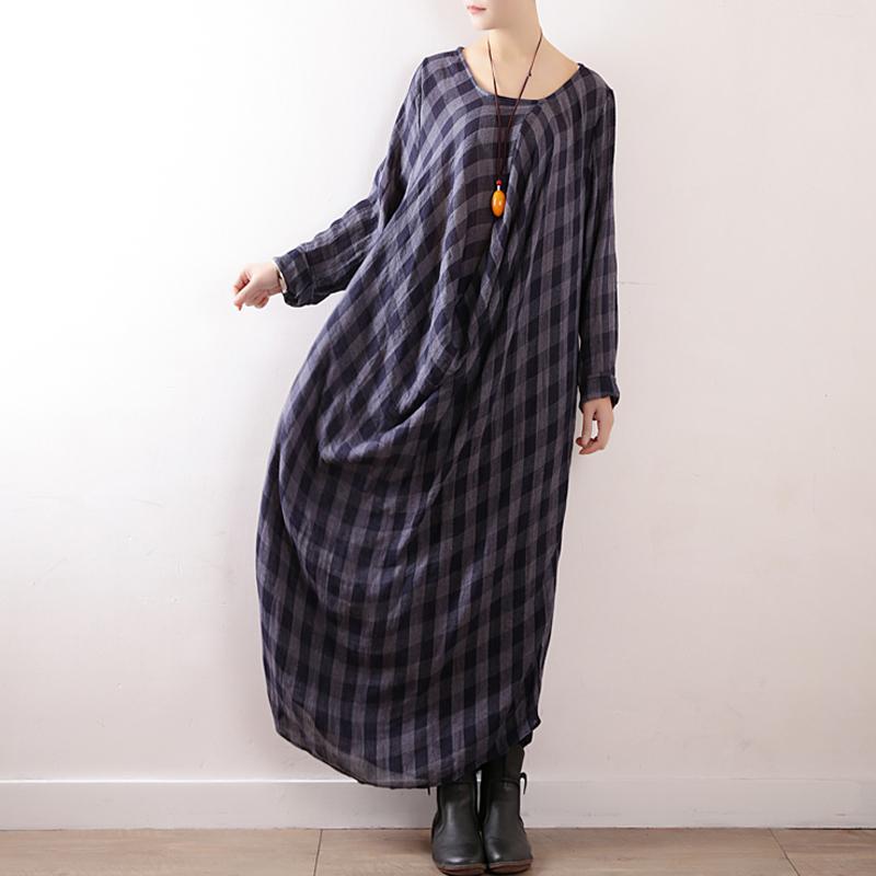 Women Plaid Casual Cotton Ruched Linen Long Sleeve Dress