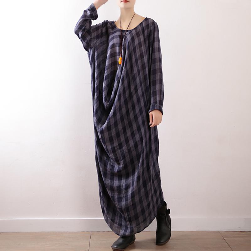 Women Plaid Casual Cotton Ruched Linen Long Sleeve Dress