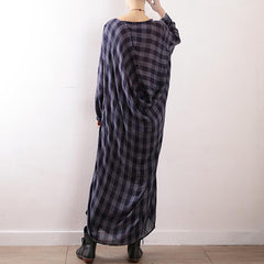 Women Plaid Casual Cotton Ruched Linen Long Sleeve Dress