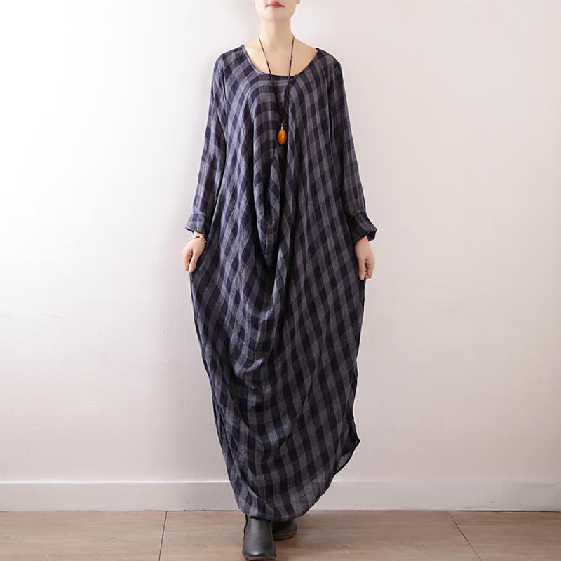 Women Plaid Casual Cotton Ruched Linen Long Sleeve Dress