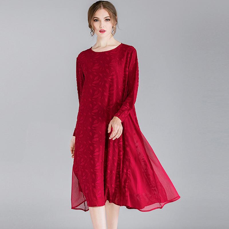 Women Plus Size Devore Cotton Solid Lace Long Sleeve Dress