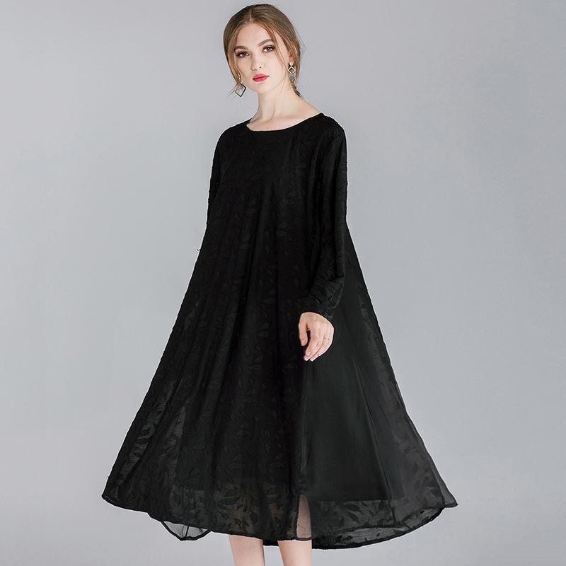 Women Plus Size Devore Cotton Solid Lace Long Sleeve Dress