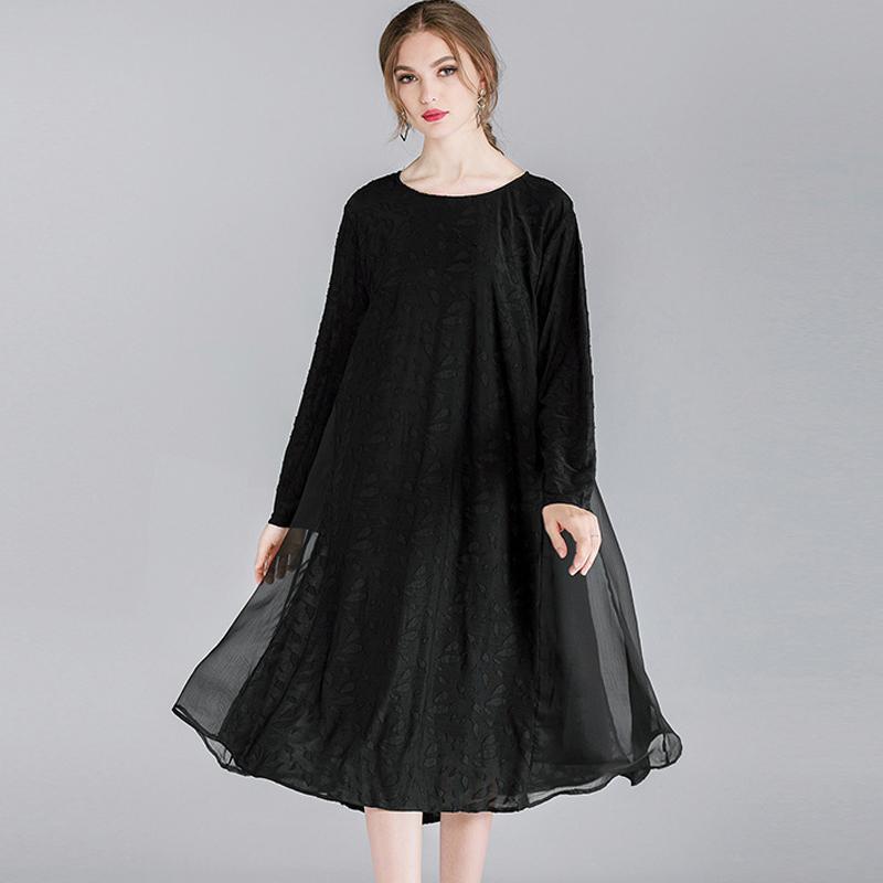 Women Plus Size Devore Cotton Solid Lace Long Sleeve Dress