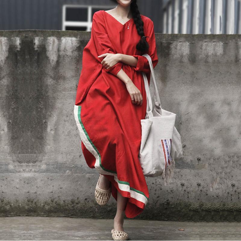 Women Red Paneled Stripes Casual Maxi Long Sleeve Dress