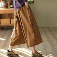 Women Retro Cotton Solid Wide Leg Trousers