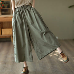 Women Retro Cotton Solid Wide Leg Trousers