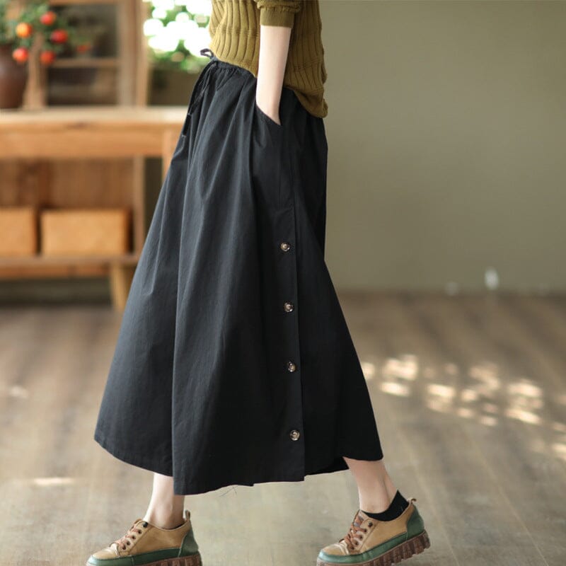 Women Retro Cotton Solid Wide Leg Trousers