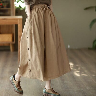 Women Retro Cotton Solid Wide Leg Trousers